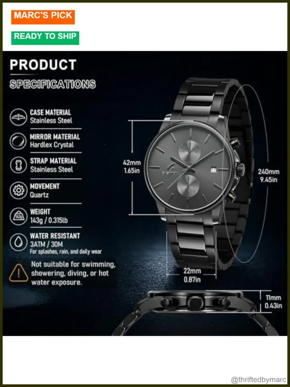 Stainless Steel Chronograph Watch with Solid Build, Waterproof, Auto Date,
